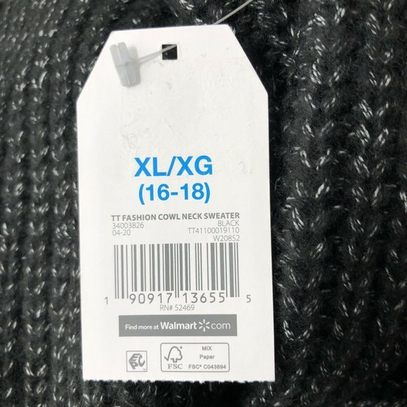 Time & Tru Womens Cowl Neck Sweater Black Heathered Longline Relaxed Fit Casual - Picture 10 of 12